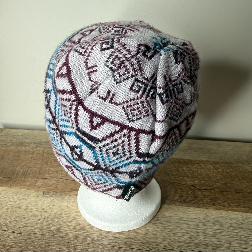 COLUMBIA Unisex Vintage Fair Isle Wool Blend Knit Beanie Toque Grey Blue Maroon - Picture 5 of 12
